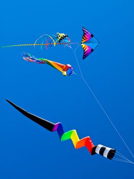 Various Colorful Kites Flying in a Bright Blue Sky