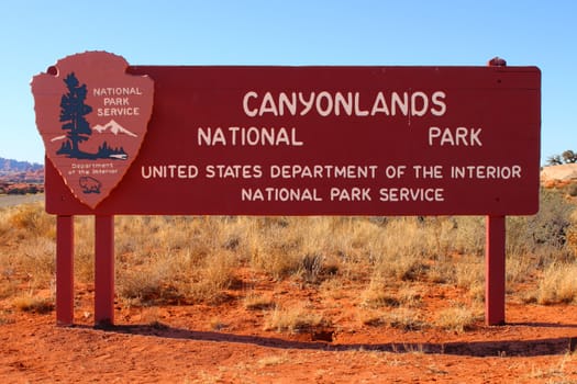 Wooden Entrance Sign to Canyonlands National Park of Utah.