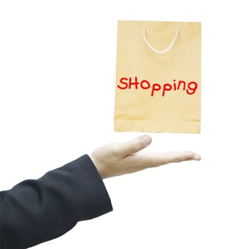 Shopping bag on businessman hand isolated on white background.