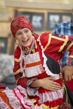 The young girl in traditional to Russian clothes. Taken in Myshkin village, Russia on July 2012.