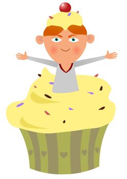 Illustration of a child inside a cake
