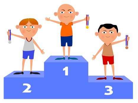 Illustration of three people standing on a sporting podium holding medals