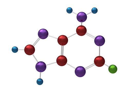 Molecule of adenine, key component in the formation of stable DNA and RNA molecules, 3d model