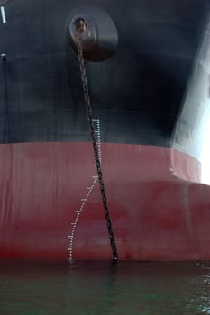 the bow of a big tanker ship, which was anchored in the middle of the ocean