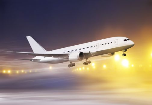 airport and white plane taking off at non-flying weather, snowstorm