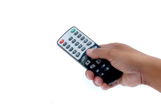 male hand holding a remote controller isolated on white background