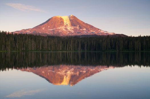 Mount Adams stands behind Takhlahk Lake