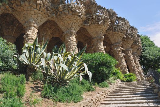 twisting rock pillars supports inside famous Barcelona landmark Park Guell
