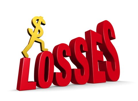 A gold dollar sign climbing steps forming the word, "LOSSES". On white with drop shadow.