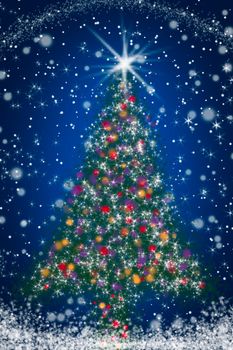 Sparkly Christmas Tree on Blue Starry Night Sky Illustration