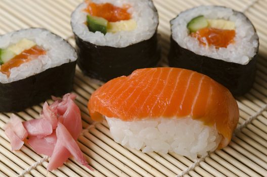 Japanese Cuisine, Sushi Set with Salmon, sushi rolls and gari ginger 