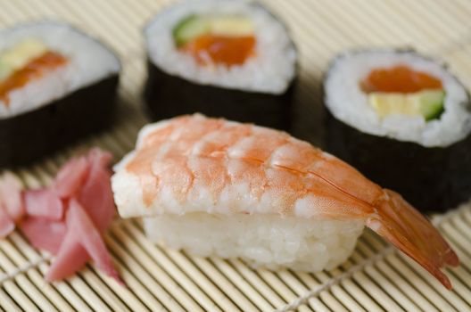 Japanese Cuisine, Sushi Set with shrimp, Nigiri, Maki Sushi and Sashimi