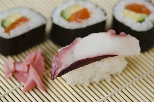 Japanese Cuisine, Sushi Set with tako octopus and gari. Nigiri, Maki Sushi and Sashimi