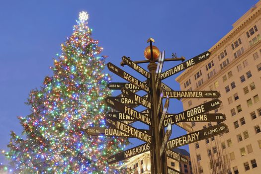Christmas Tree with Colorful Lights in Pioneer Courthouse Square with Directional Signs Pointing to Places Around the World