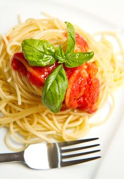 saghetti with tomatoes sauce and basil