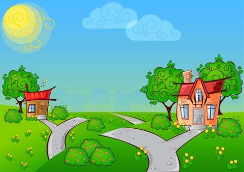 background the path to a cartoon house with the cat on the roof surrounded by trees