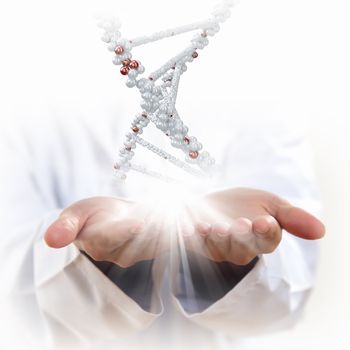 Image of DNA strand against background with human hands