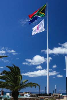 A giant South African flag and a white flag with pink ribbon waving over the city of Port Elizabeth around the famous lighthouse area