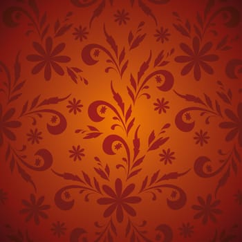 Seamless floral background, symbolical silhouette wine red flowers on orange