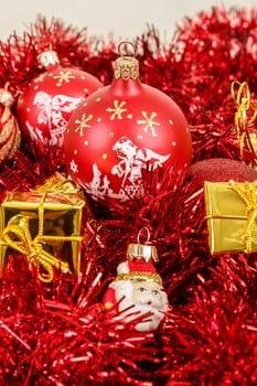 Red christmas balls golden boxes and decorations 