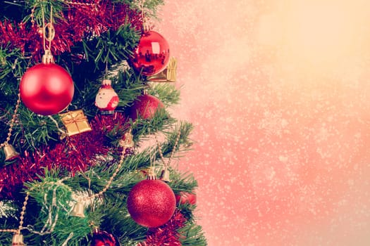 red christmas on tree background with red balls and snowflakes