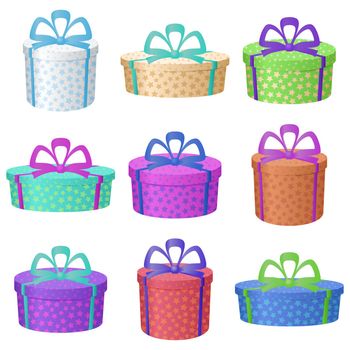 Set multi coloured round gift boxes with a patterns and bows, isolated on white background