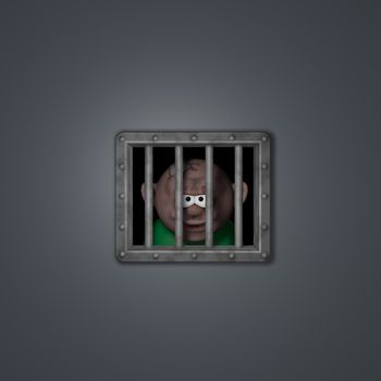 cartoon guy behind riveted steel prison window - 3d illustration