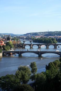 View of Vltava river with few bridges, Prague,Czech Republick