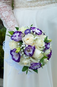 wedding bouquet of blue and white flowers