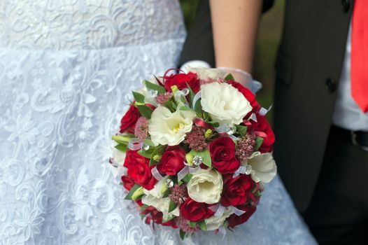 wedding bouquet of red and white flowers