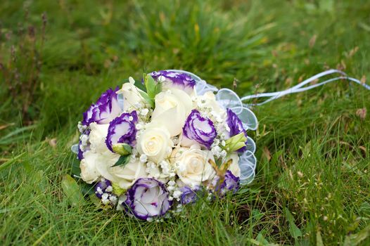 wedding bouquet of blue and white flowers