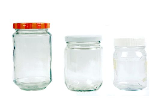 glass and plastic containers isolated on white background