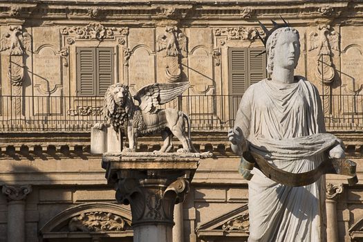 Detail of the fountain of Madonna Verona and Lion of San Marco in Verona - Italy