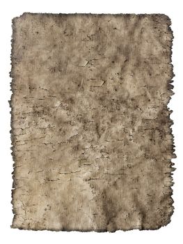 old cracked sheet of parchment in grunge style isolated on white background