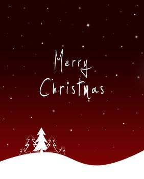 red Christmas background with white fir trees, stars and Merry Christmas text