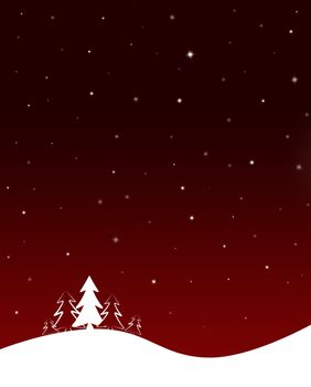 red Christmas background with white fir trees and stars