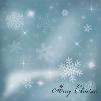 Blue Christmas background with white snowflakes, stars and Merry Christmas text