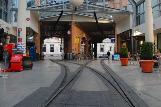 Tram line in Christchurch city center, New Zealand