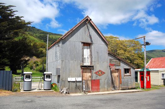 Old metal garage, Okains Bay, Banks Peninsula, New Zealand