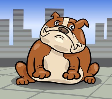 Cartoon Illustration of Funny Purebred English Bulldog Dog against Urban City Scene