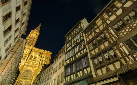 night view of Cathedral Notre-Dame-de-Stras bourg, Alsace, France