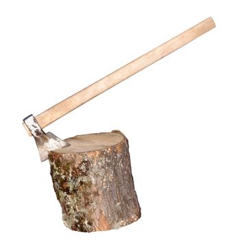 axe on wooden log isolated