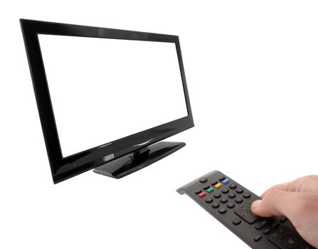 empty tv monitor screen with hand and remote