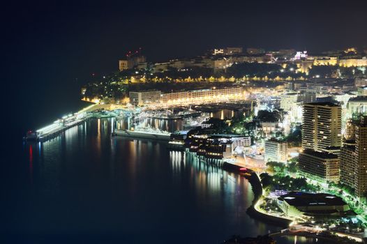 Monaco, Monte Carlo port by night, aerial view