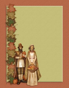 Image and Illustration composition of colorful fall leaves for Autumn, Thanksgiving greeting card, stationery, invitation, frame, border or background with pilgrims and copy space