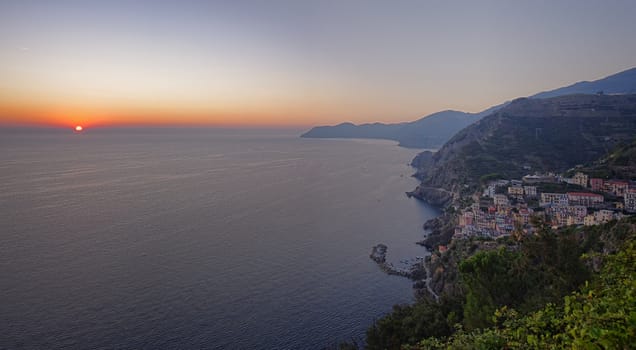 Cinque Terre coast at sunset, Mediterranean sea, Italy