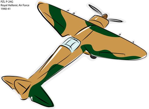 Sketch of PZL P-24G World War II combat plane over white
