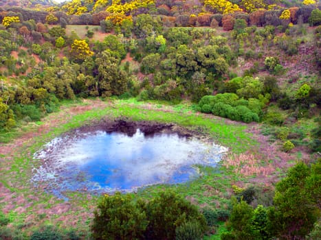 Pond at the bottom of a small crater at Tower Hill State Game Reserve in Victoria, Australia.