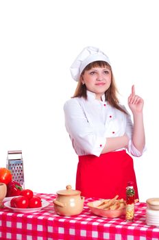 attractive woman points her finger up, white background