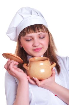 attractive woman keeps a pot of food, white background